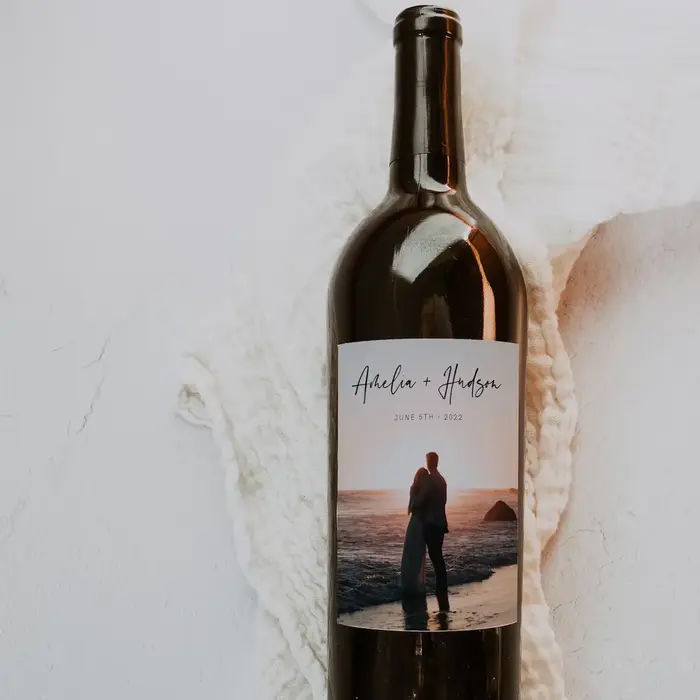 Étiquettes de vin Photo étiquette de vin minimaliste faveur de mariage
